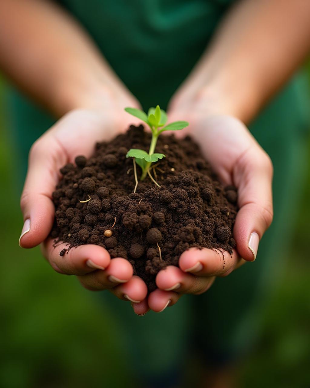 Rich dark organic soil being handled by a gardener