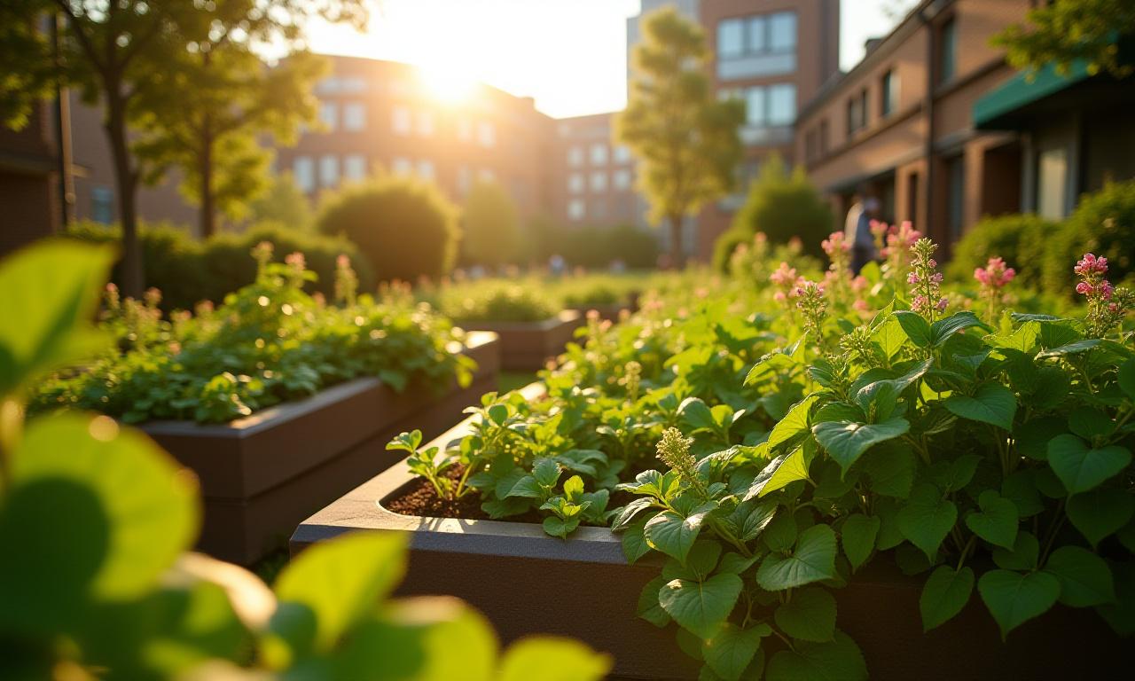 Lush urban food forest garden
